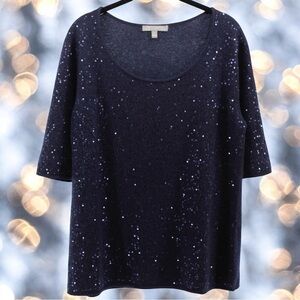 Neiman Marcus Navy Sequin 100% Cashmere Blouse Elegant Mother of the‎ Bride L
